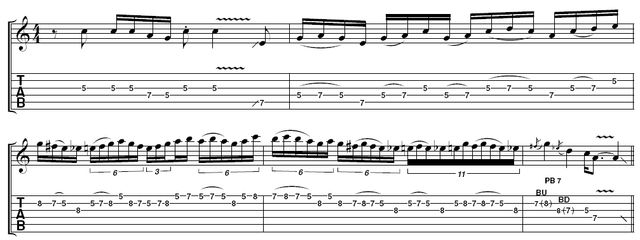 Killer licks with Paul Gilbert part 1 The lick in context - In true Gilbert style, our maestro demonstrates the lick in a fast blues context. Although this is based around A Dorian (A B C D E F# G), it works really well over a bluesy chord progression.
